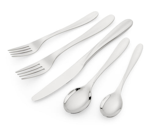 The 20 piece Twist Cutlery set, designed by Kit Kemp for Spode, has a simple asymmetrical design, with sculptural decorative twist detail, are forged in 18/10 stainless steel, and are designed to compliment any table regardless of style, set includes 4 of each: knife, fork and spoon, dessert fork and tea spoon (one of each is pictured, in a fan layout).