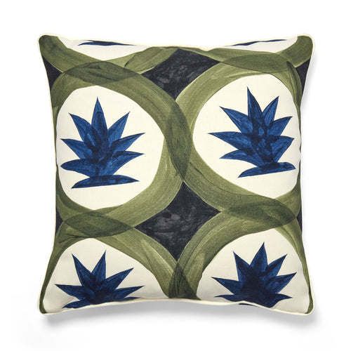 Decorative pillow with blue floral design on a white background