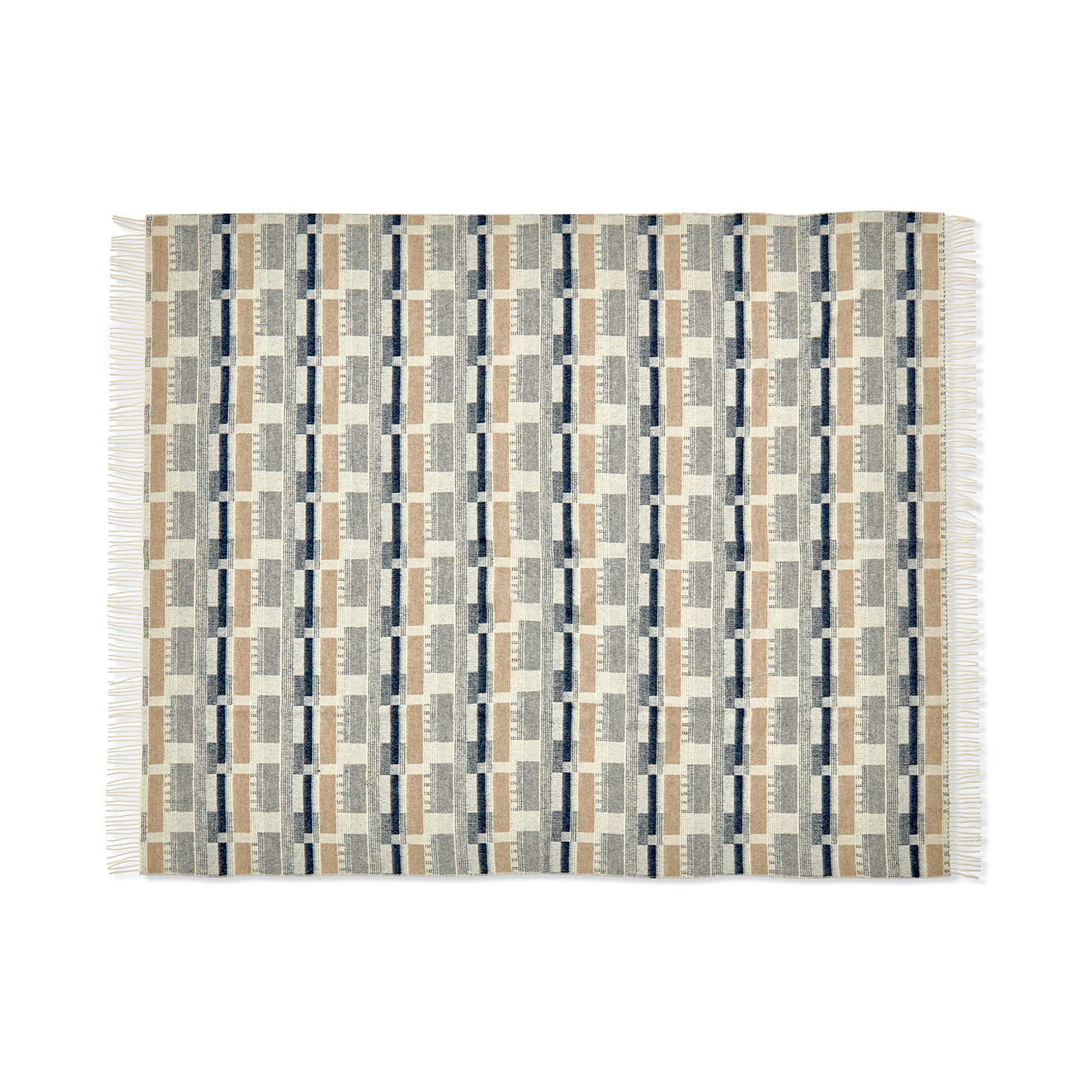 A luxurious 100% Merino wool throw in Blue/Natural. This design, based on a Kit Kemp fabric for Christopher Farr, features an intricate geometric block pattern in sophisticated, calming colours, beautifully made in England.