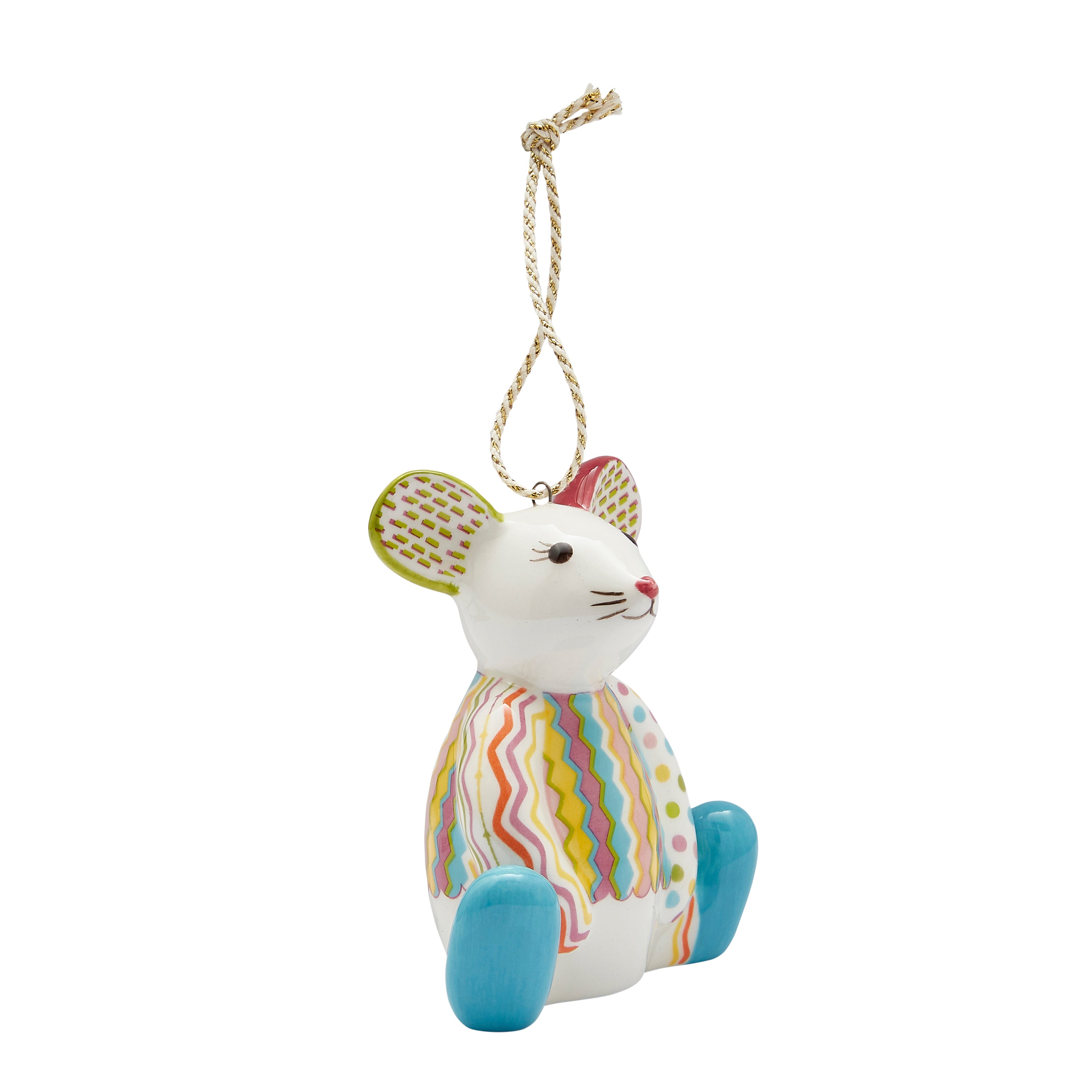 A beautifully detailed Nibbles The Mouse Ornament in fine china, part of the coveted Kit Kemp for Spode collection. The mouse is adorned with vibrant, hand-painted-style zigzag patterns that reflect Kit Kemp's signature eclectic flair. Its cheerful design and colourful details make it a standout, artistic piece for the holiday season.