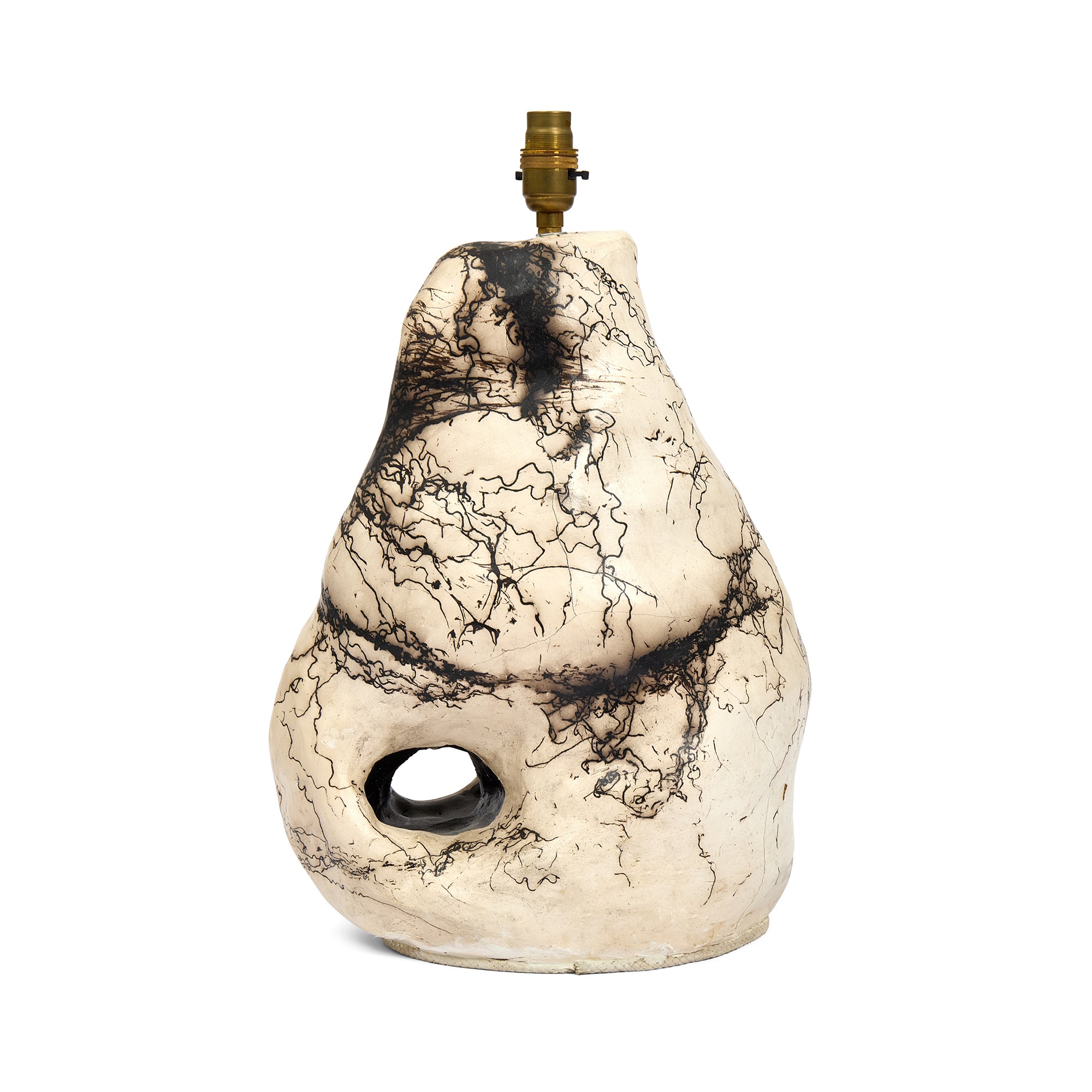 Daniel Clarke ceramic lamp Sister One, short Hagstone form with white and black marbled Raku finish.