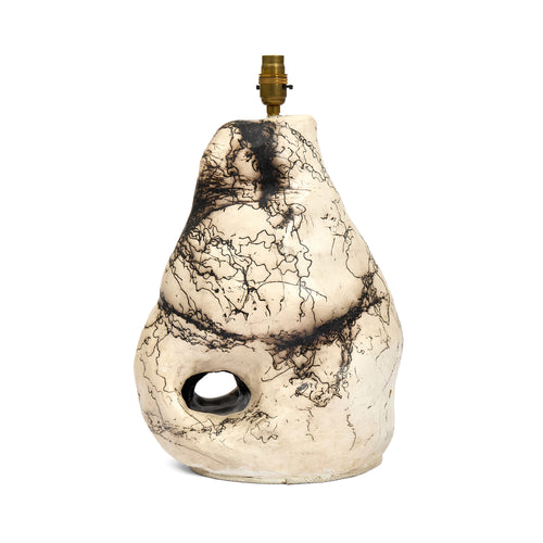Daniel Clarke ceramic lamp Sister One, short Hagstone form with white and black marbled Raku finish.