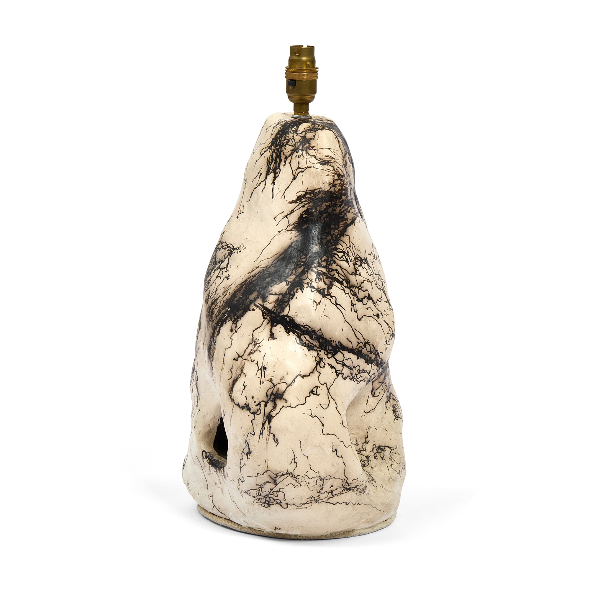 Hagstone-inspired ceramic lamp, Sister Three, featuring a unique horse-hair raku finish.