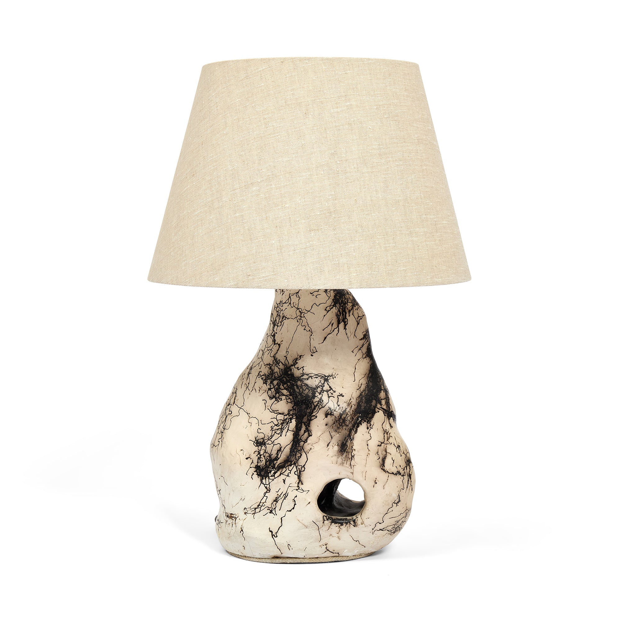 Hagstone-inspired ceramic lamp, Sister Three, featuring a unique horse-hair raku finish.