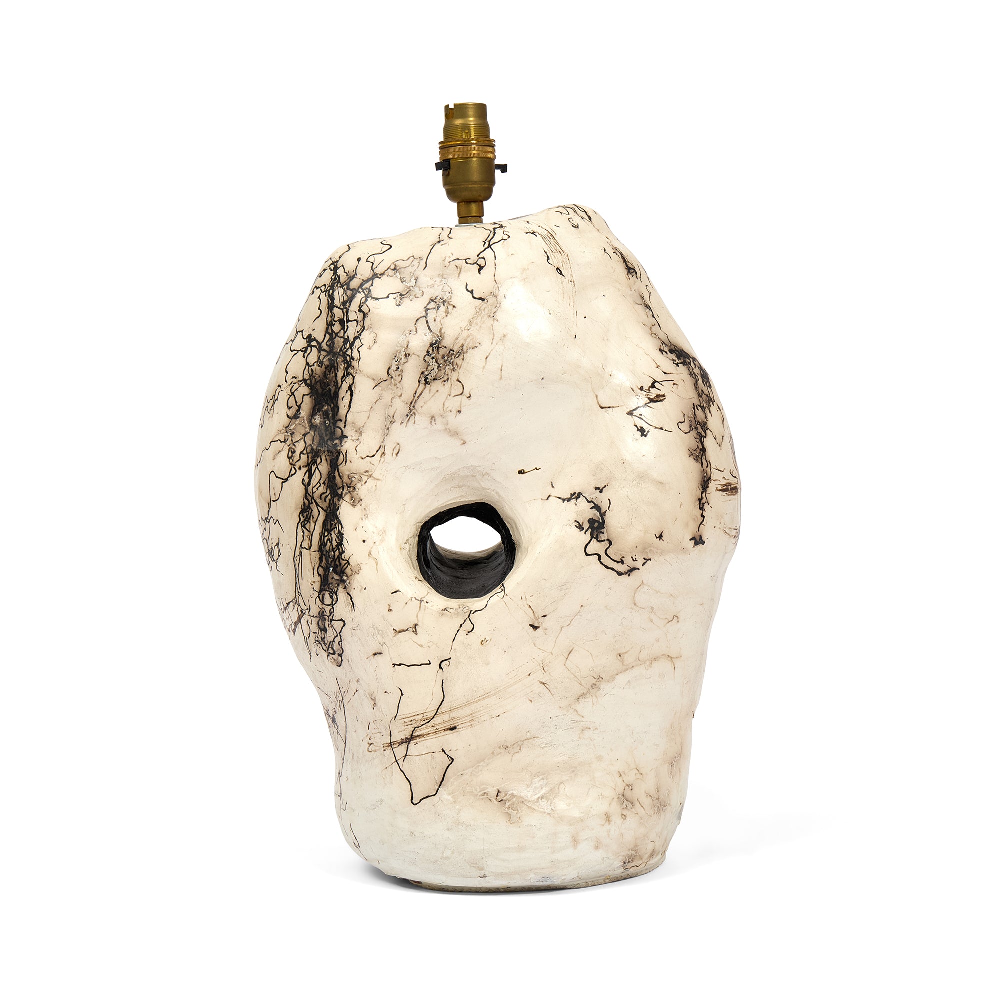 Hagstone-inspired ceramic lamp, Sister Three, featuring a unique horse-hair raku finish.