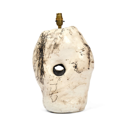Hagstone-inspired ceramic lamp, Sister Three, featuring a unique horse-hair raku finish.