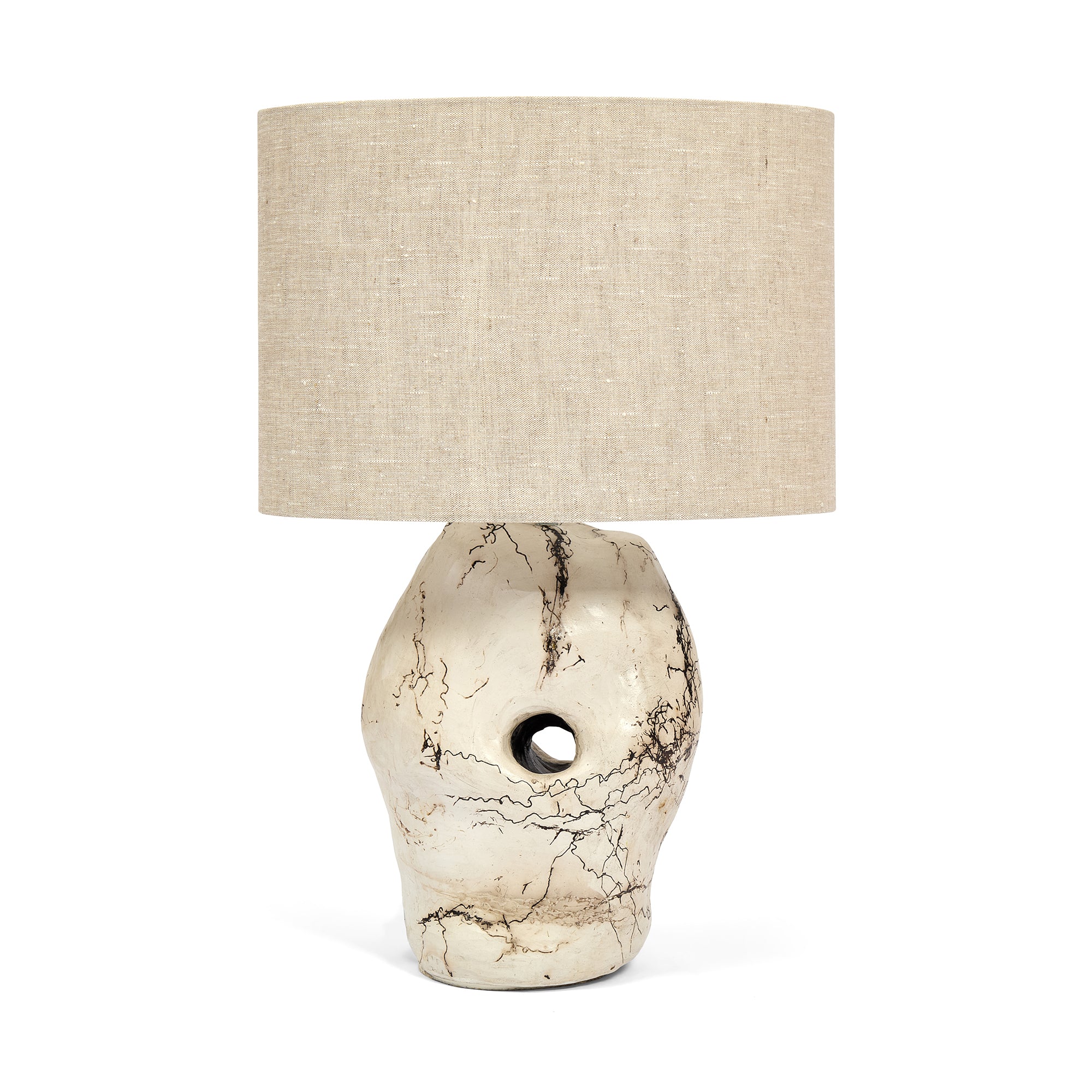 Sister Three tall Raku ceramic table lamp by Daniel Clarke with sculptural, natural form.