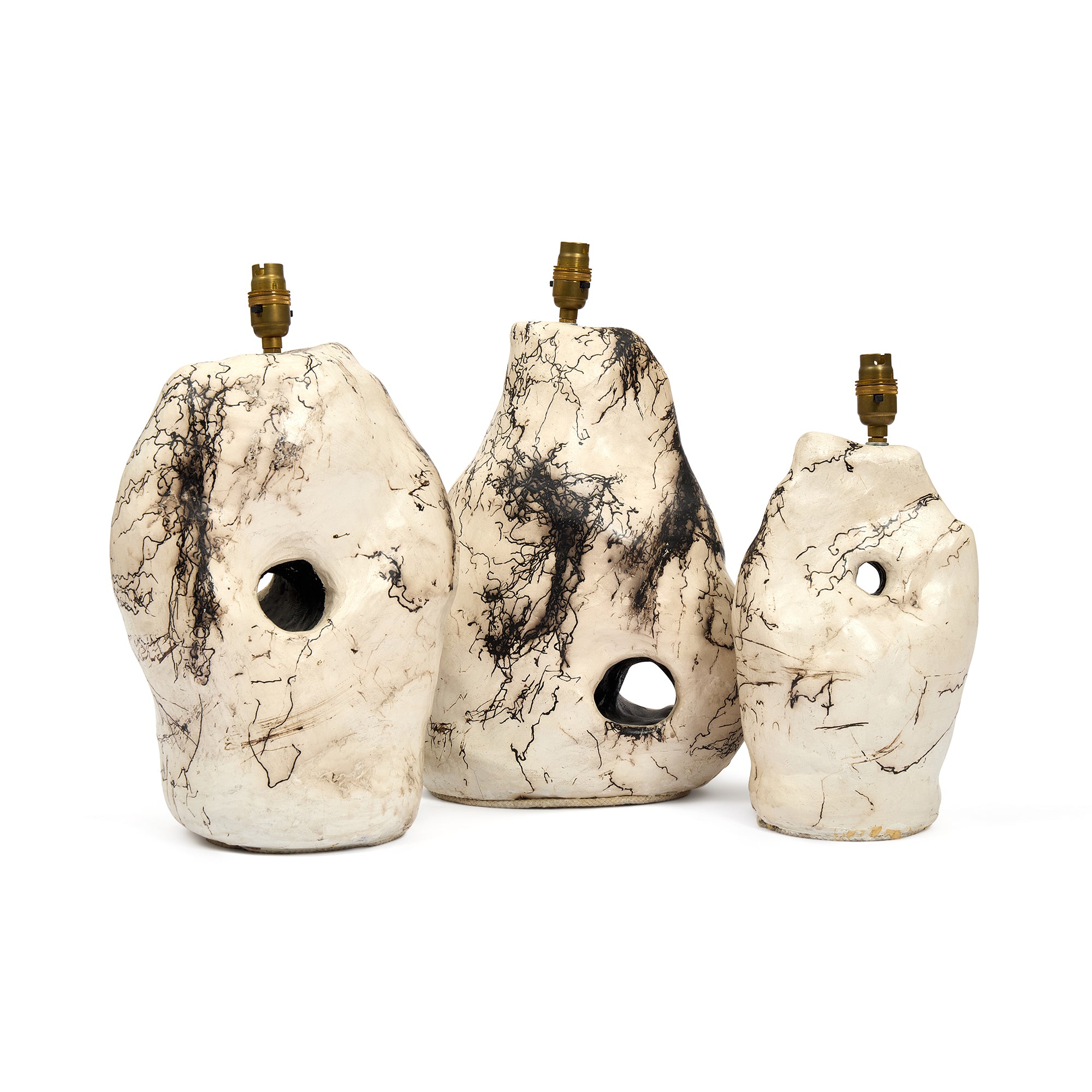 Set of three unique Raku-fired ceramic lamps in varying heights, 'The Three Sisters' by Daniel Clarke.