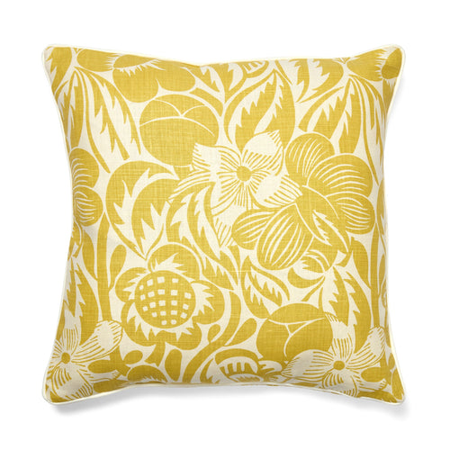 Yellow floral patterned pillow on a white background