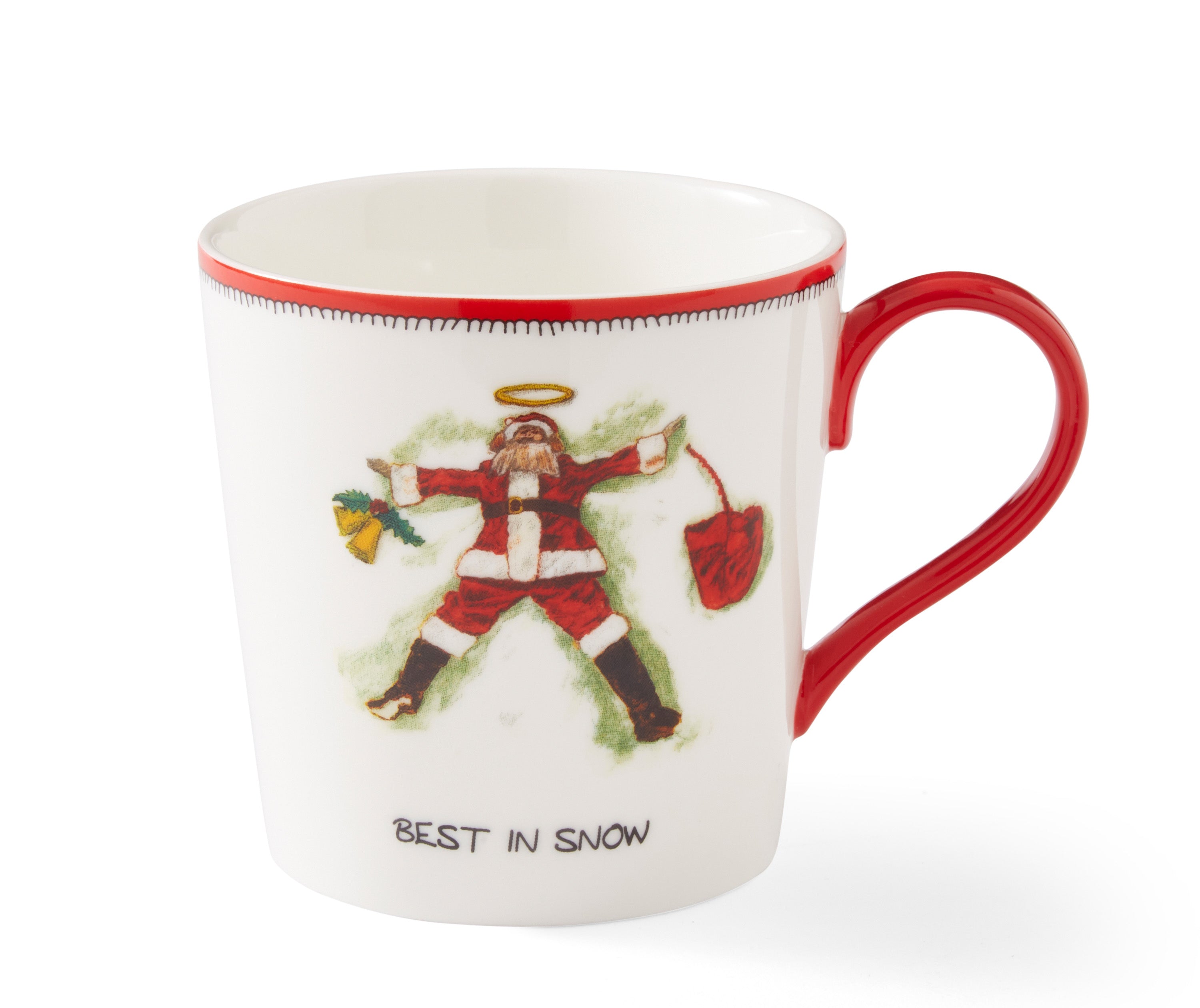 Our Christmas edition Doodles Mug, in white, features a traditionally dressed Santa, making snow angles, over the Best in Snow tag line, with a red handle and rim.