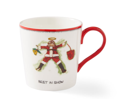 Our Christmas edition Doodles Mug, in white, features a traditionally dressed Santa, making snow angles, over the Best in Snow tag line, with a red handle and rim.