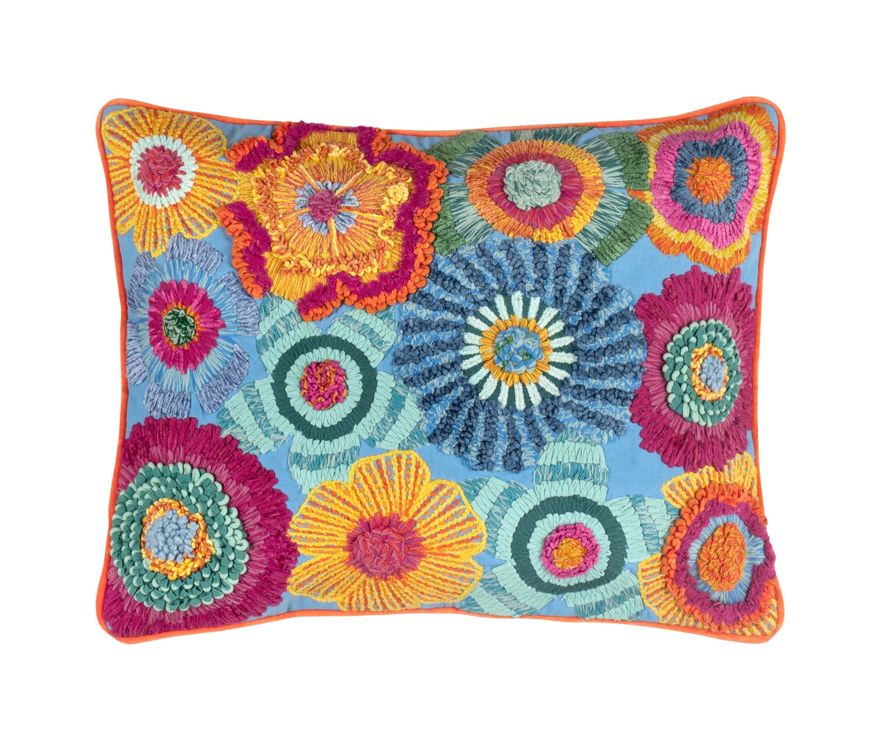 Introducing Kit Kemp's Bramble hand embroidered Cushion, from her New Forest Collection with Annie Selke. This wonderful cushion is bursting with hand embroidered florals, embellished with ribbons and boucle yarn to produce a cushions that is overflowing with design detail and colour,in orange,red and blue. This rectangular cushion is piped in velvet and has a plain reverse.