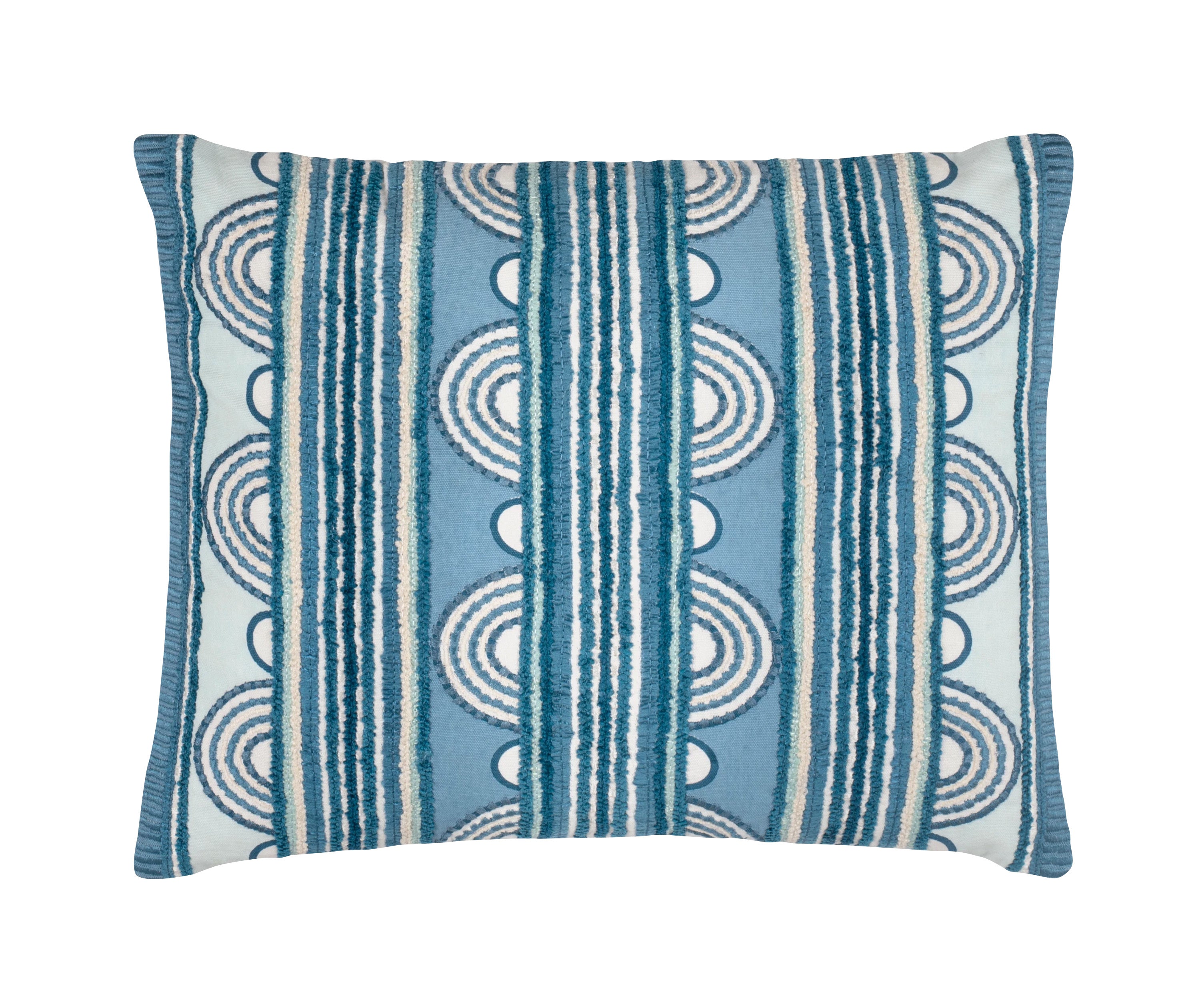 Kit Kemp's Button Cushion, from her New Forest Collection with Annie Selke, is beautifully crafted using a cotton linen blend, this texture rich rectangular cushion, is artfully constructed to really amplified this variegated stripe and loop design in French blue.