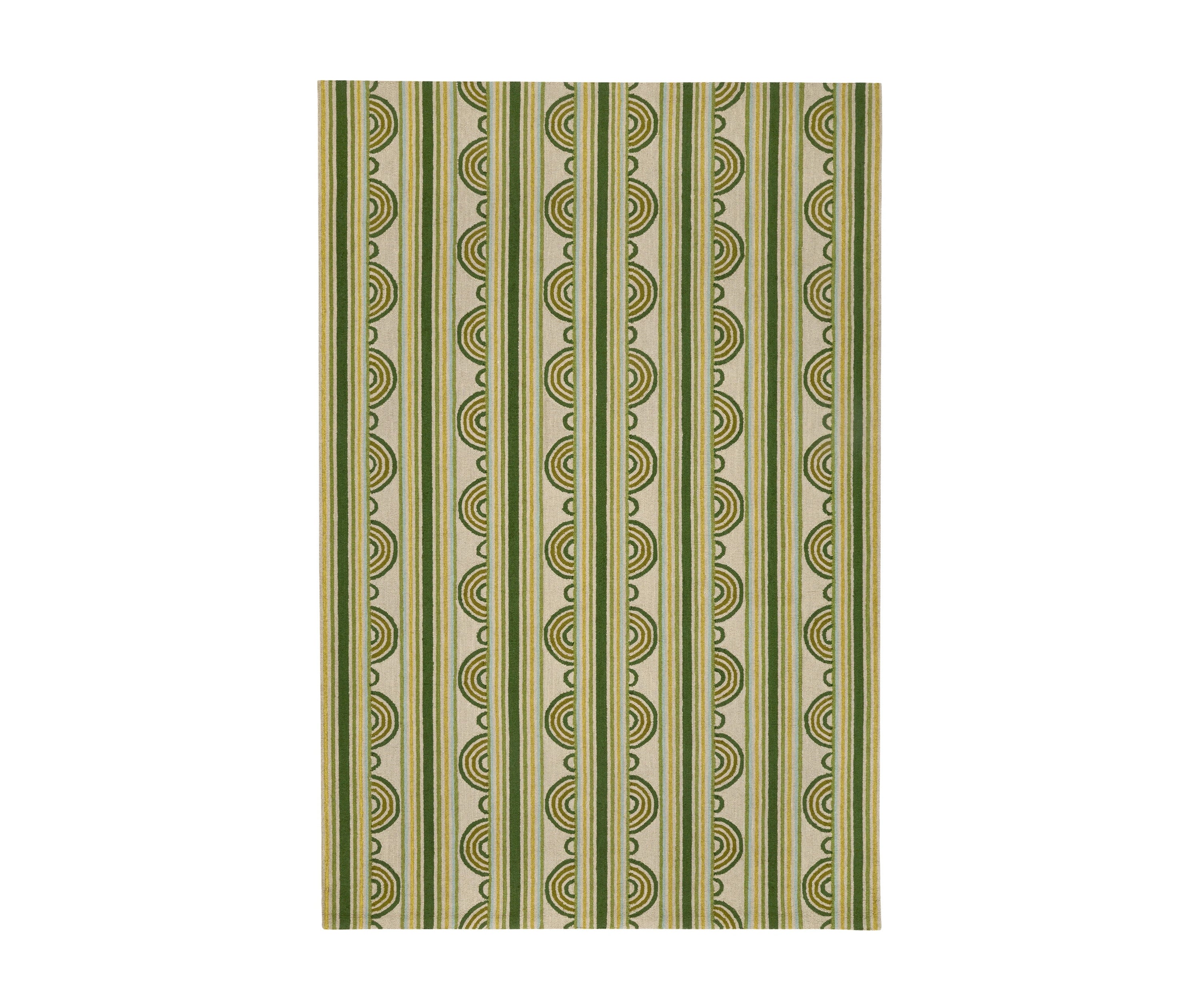 Part of Kit Kemp's new collection, with Annie Selke for spring Button is a Hand-Micro Hooked Wool Rug with a lively loop and stripe design in variegated shades of green. Size: 8x10 Pile Height: 0.5
