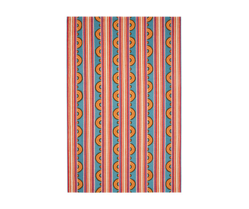 Part of Kit Kemp's new collection, with Annie Selke for spring Button is a Hand-Micro Hooked Wool Rug with a lively loop and stripe design in variegated bright shades of red, yellow , and blue. Size: 8 x 10 Pile Height: 0.5