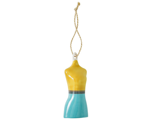 Decorated in the broad stripes from the bright yellow and turquoise from the Calypso china collection with Spode, the Calypso Mannequin ornament makes for a bright and unusual addition to you Christmas decorations.