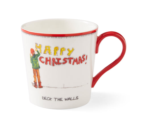 The deck the halls mug, illustrates the fun to be had when decorating your house for the festive season, over the Deck the Halls tag line, is a fun festive edition to your mug collection. This mug is a white mug, with a Santa's hat wearing person , dressed in green and brown painting merry Christmas in red and yellow on the wall..