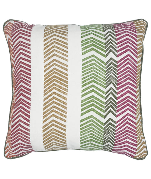 Kit's signature Bookend design cushion, consists of geometric stripes, forming a bookend chevron embroidery in a rainbow of greens, pink, red, orange and ochre, on a white ground and piped in green to create this stand out, double sided and eye catching cushion. Material : 100% acrylic. Size: 50 x 50cm/ 19.7 x 19.7