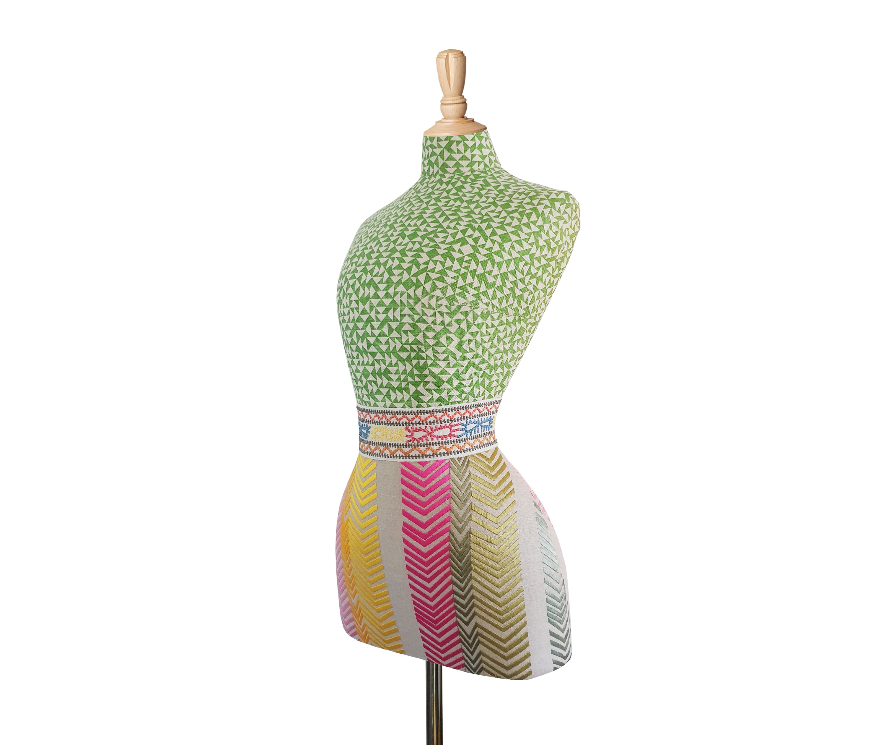 Firmdale Mannequin with Green and Pink Bookend Skirt side view