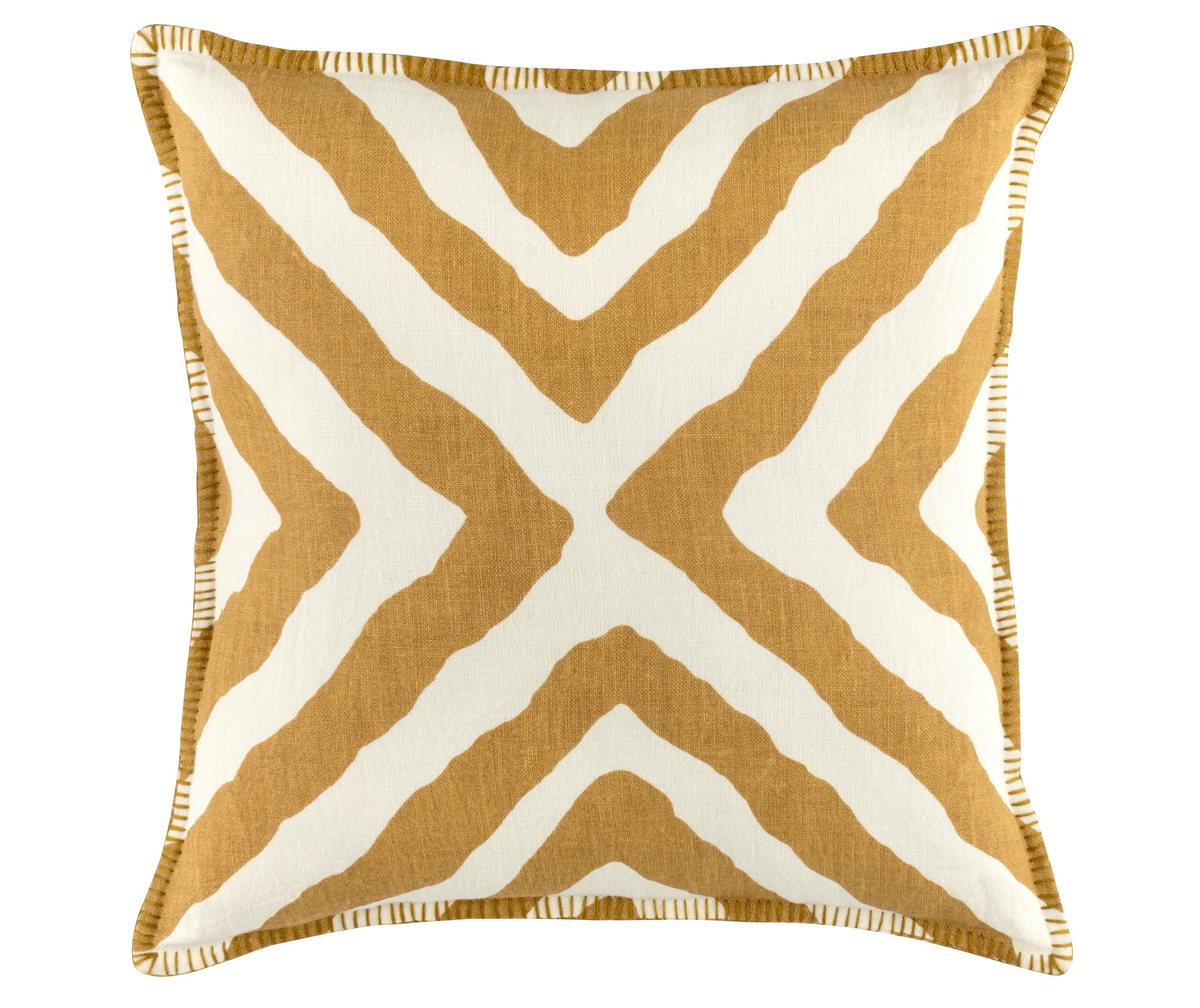 Kit Kemp's Imply Cushion, from her New Forest Collection with Annie Selke, makes a bold statement with its ochre diagonal striped pattern on a white linen background, with colour-matched blanket stitch edges. This two sided cushion looks wonderful both inside and outside.