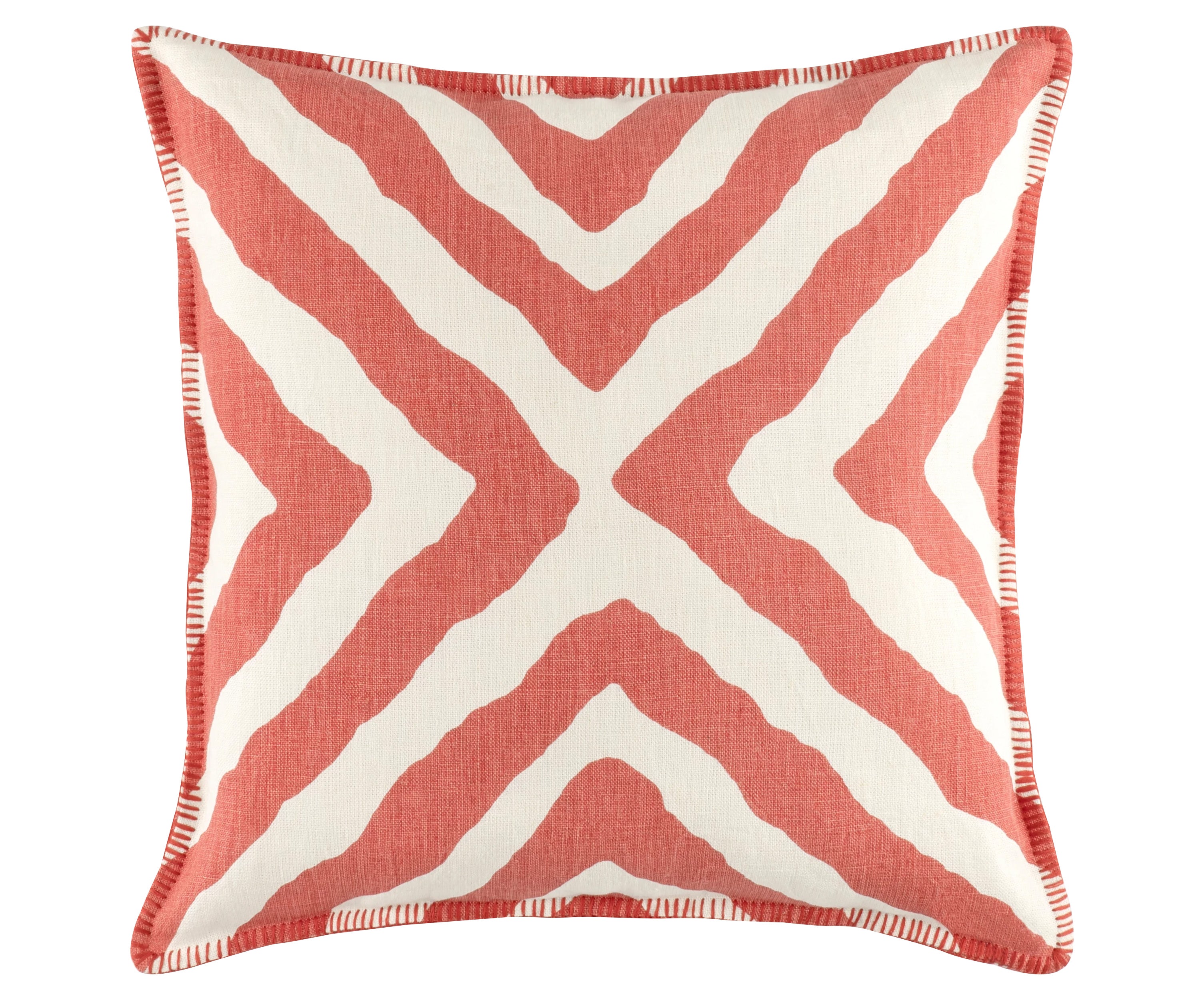 Kit Kemp's Imply Cushion, from her New Forest Collection with Annie Selke, makes a bold statement with its paprika diagonal striped pattern on a white linen background, with colour-matched blanket stitch edges. This two sided cushion looks wonderful both inside and outside.