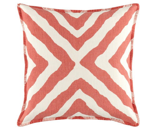 Kit Kemp's Imply Cushion, from her New Forest Collection with Annie Selke, makes a bold statement with its paprika diagonal striped pattern on a white linen background, with colour-matched blanket stitch edges. This two sided cushion looks wonderful both inside and outside.