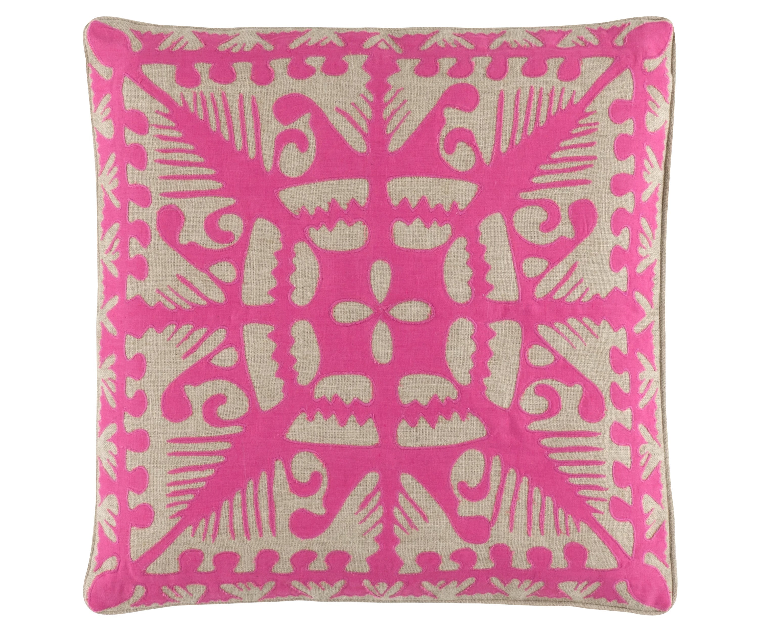 Introducing Kit Kemp's Knightwood Cushion, part of her New Forest Collection with Annie Selke, this natural linen cutwork design is overlaid and stitched over a peony pink base, with a solid reverse, and piped edge and makes for an exquisite embellishment to any chair, sofa or bed.