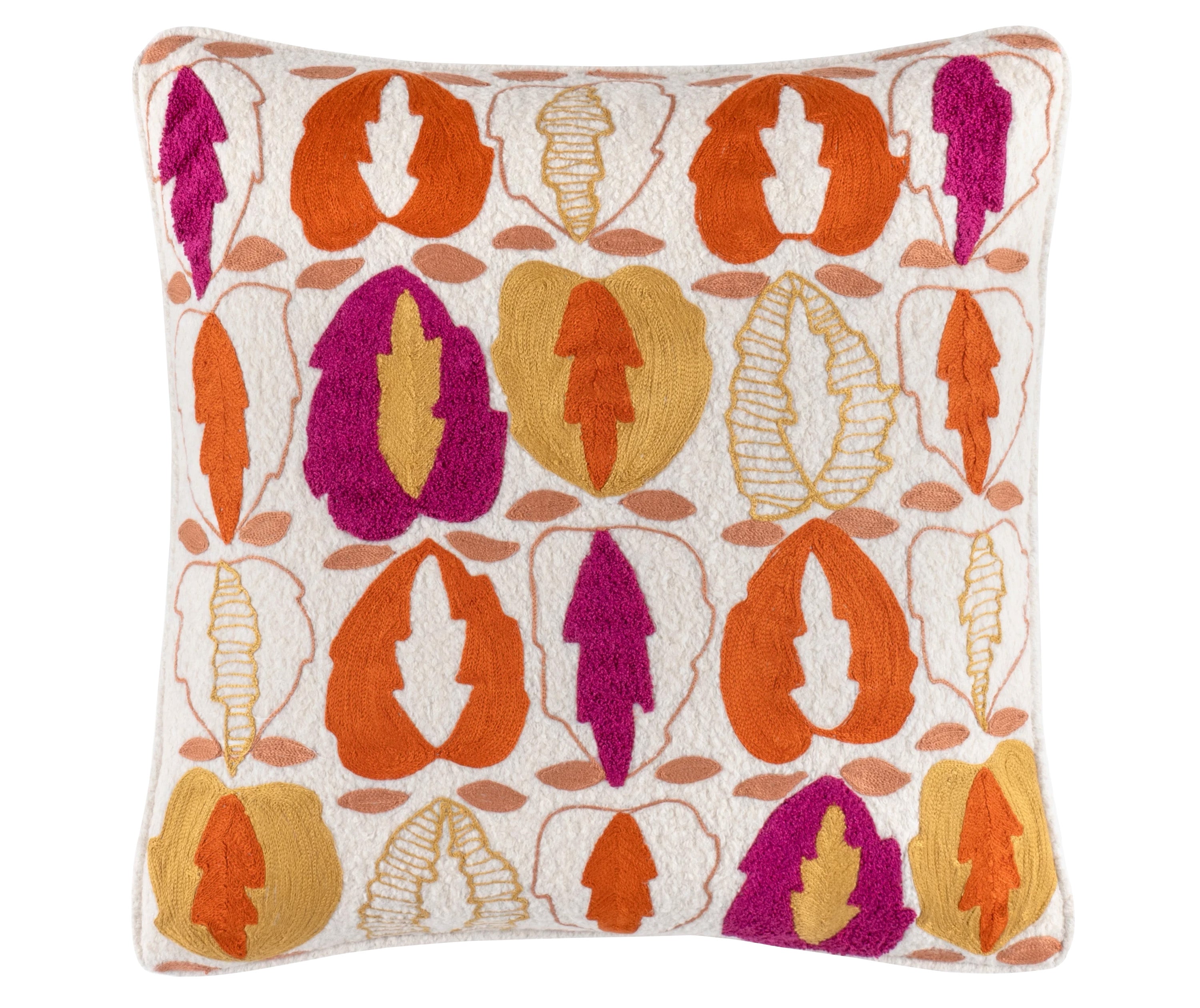 Kit Kemp's Oakley Cushion, from her New Forest Collection with Annie Selke, is hand embroidered version of one of Kit's favourite cloths, on a ecru wool base, this beautiful addition to her collection evokes her love of nature, and in the coral, cerise and orange.