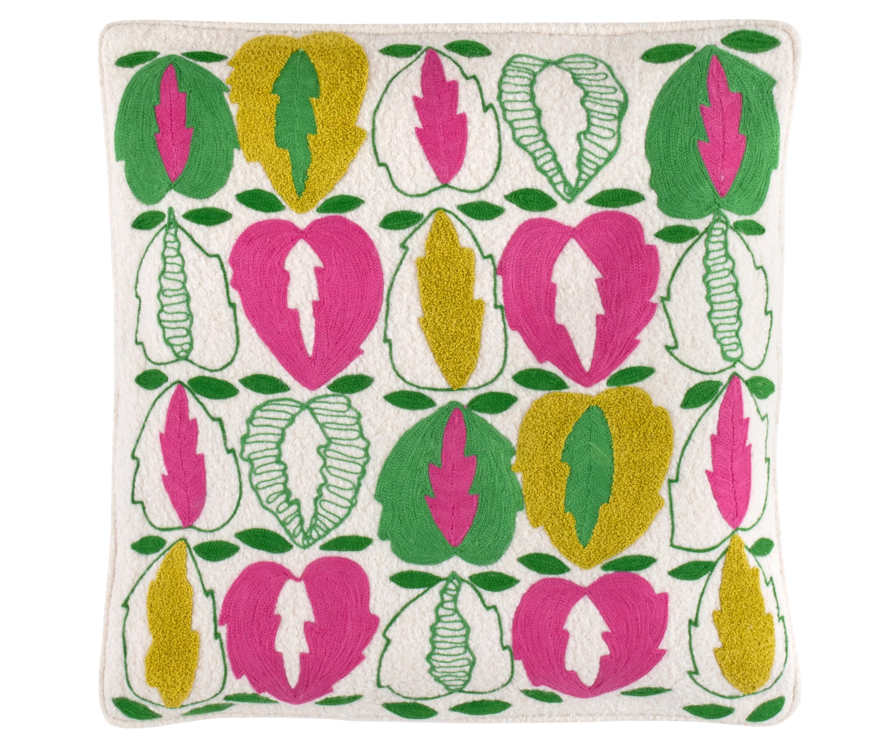 Kit Kemp's Oakley Cushion, from her New Forest Collection with Annie Selke, is hand embroidered version of one of Kit's favourite cloths, on a wool base, this beautiful addition to her collection evokes her love of nature, and in the Delft apple green and pink tones.