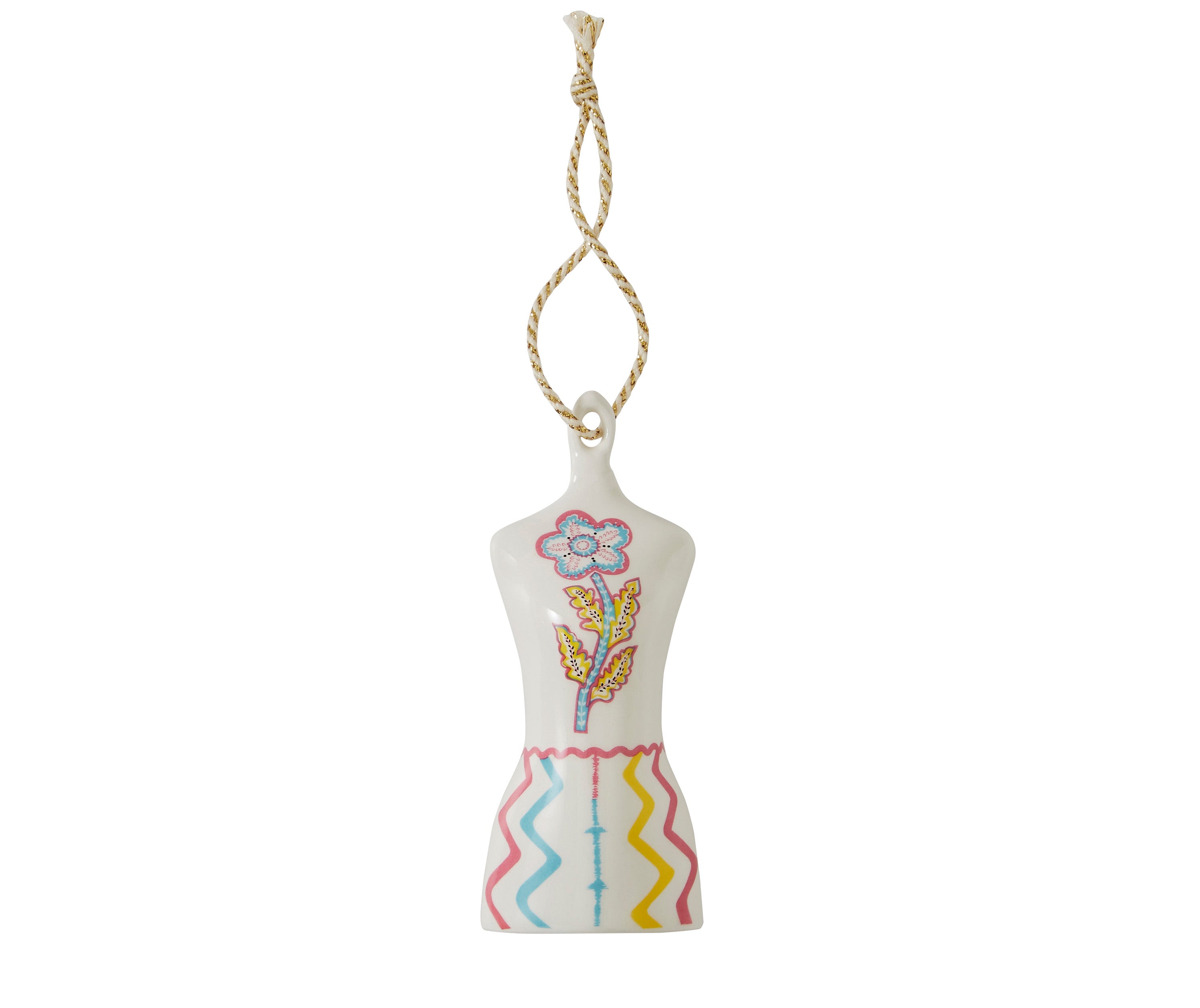 Emulating one Kit's signature mannequins', this ornament is decorated in her signature zig zag stripes on the lower half, with the simple flower design on the upper, in turquoise, pinks and yellows, the Rik Rak Mannequin ornament makes for a bright and unusual addition to you Christmas decorations.