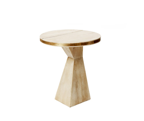 A small circular side table with a brass trim and a natural wood finish, handcrafted from solid oak.