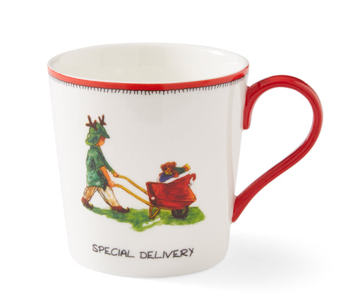 This Christmas edition Doodles mug features a wheel barrow full of gifts, being pushed by a child in a green reindeer costume , who is indeed making a Special Delivery. This mug is a white mug with a red handle and rim, with the illustration in shades of red, green and gold.