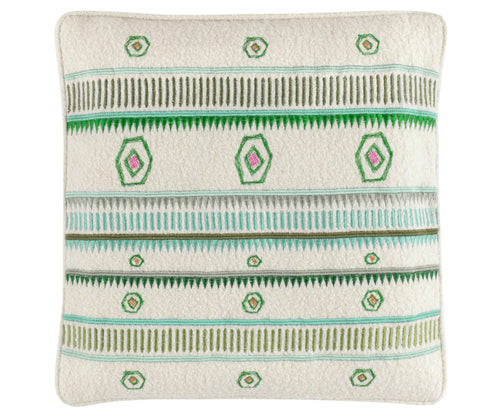 Kit Kemp's Spring Bush Cushion, from her New Forest Collection with Annie Selke, is hand embroidered kilim inspired design, in green, featuring traditional Anatolian motifs. Made in a soft boiled wool, it brings tactile warmth and eclectic style to any space.
