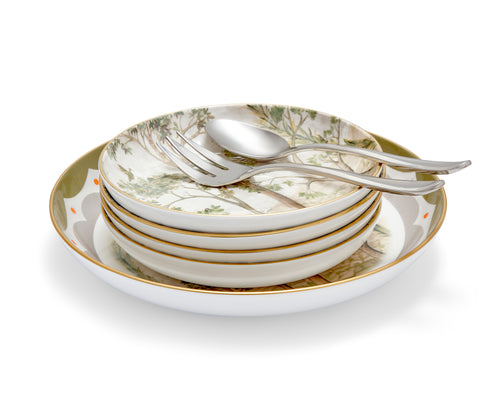 Tall trees pasta set with four small pasta bowls, one large pasta bowl and the scoop server set