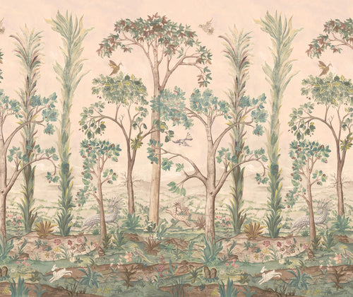Our Tall Trees mural wallpaper, in sunset has deeper pink, and intense greens expected at sunset and whisks you into the enchanted forest, where your treetop view is filled with birds and mythical creatures.