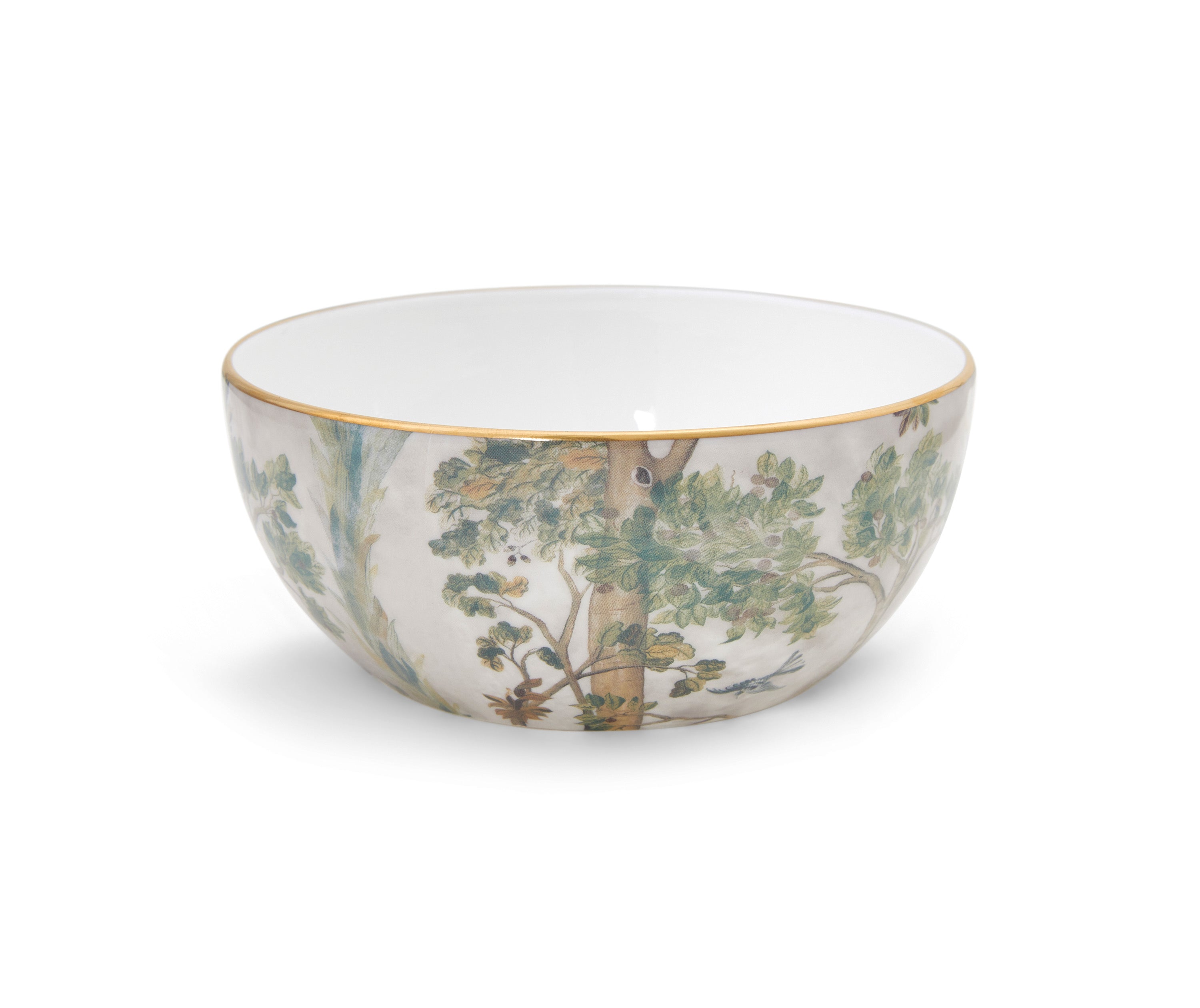 Kit Kemp's range of Tall trees Fine Bone China Plates, with their design inspired by walks in the country, and hand painted 24 carat gold banding allows every course to take center stage, from starter to dessert. This 5.75/14.6cm Cereal Bowl, is wrapped in Tall Tree's design, in warm natural beige and green ,and is a beautifully deep, and elegantly shaped cereal bowl.