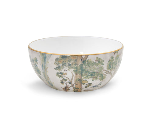 Kit Kemp's range of Tall trees Fine Bone China Plates, with their design inspired by walks in the country, and hand painted 24 carat gold banding allows every course to take center stage, from starter to dessert. This 5.75/14.6cm Cereal Bowl, is wrapped in Tall Tree's design, in warm natural beige and green ,and is a beautifully deep, and elegantly shaped cereal bowl.