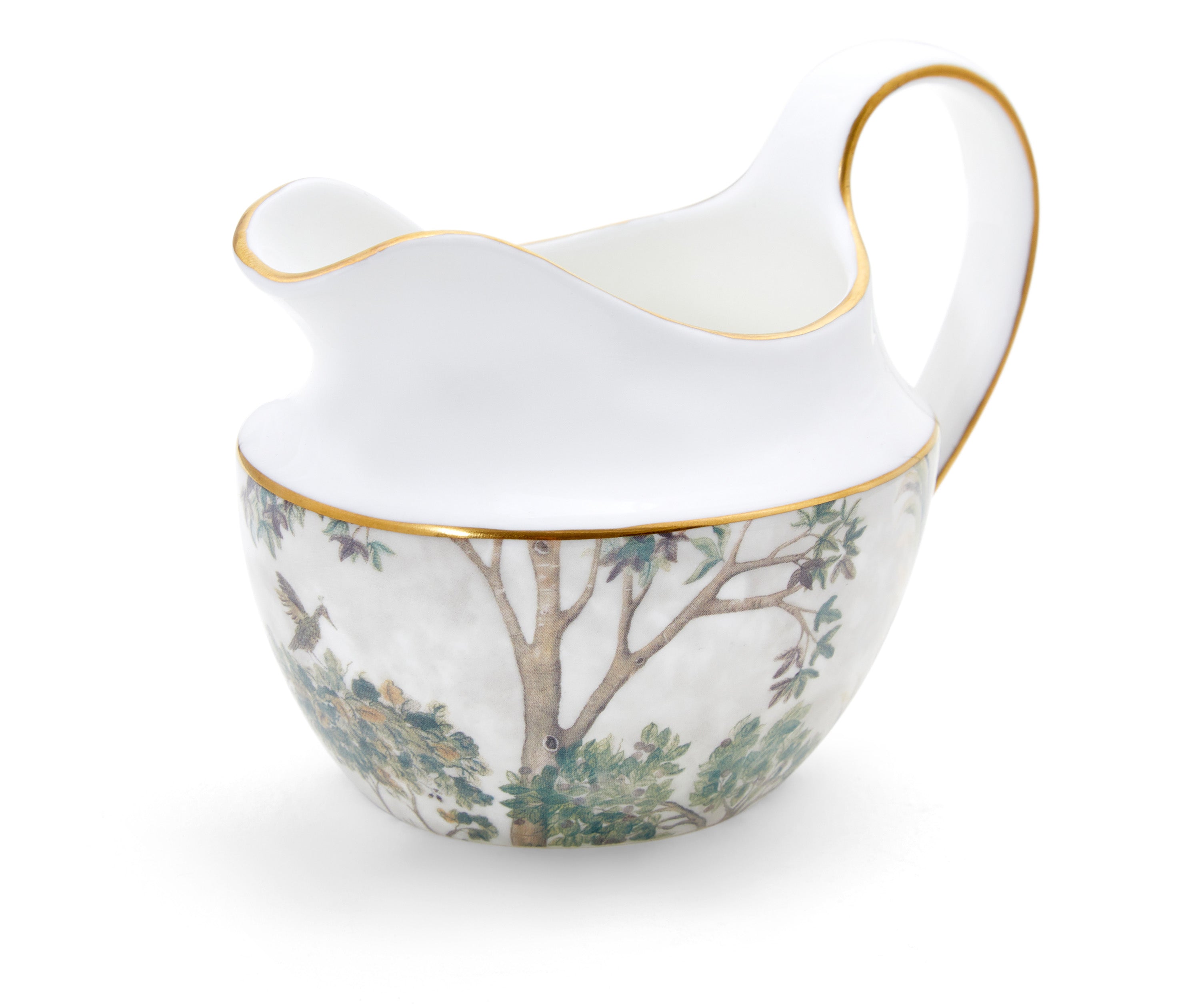 Kit Kemp's Tall Trees Creamer, takes its inspiration from the Spode archive, with is curvaceous lines and sculpted form it makes for a refined addition to your tea service. This Cream Jug is enveloped in the soft natural tones of the Tall trees design, contrasting with the elegant white of the bone china , and trimmed in gold this truly is a stand out piece to admire. Size: 10 oz