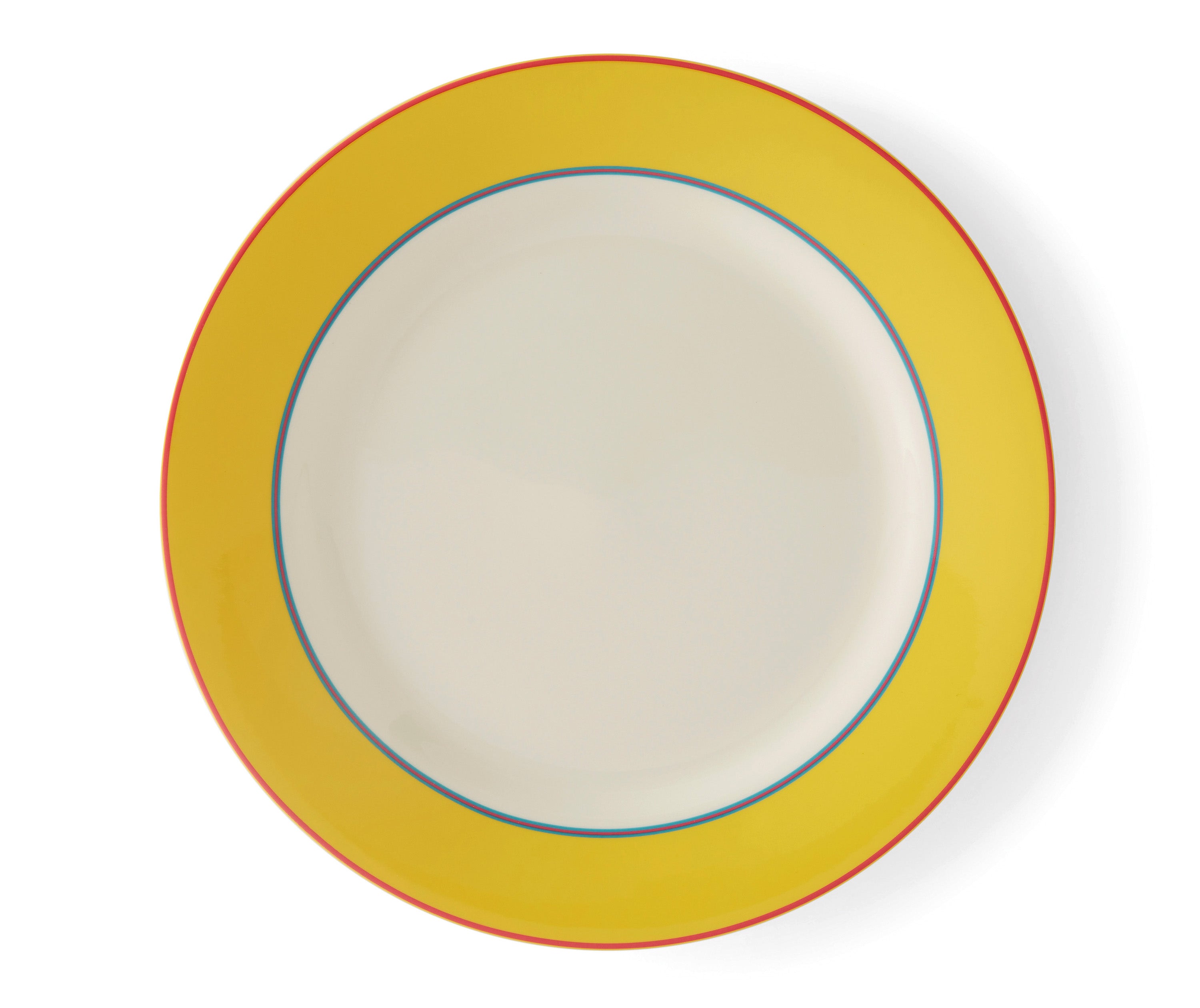 The Yellow Calypso Dinner plate, is a large 27cm white plate, with a wide yellow band, bordered by narrow central stripes in pink and blue, and tipped with a pink outer band. Sold in sets of 4, these plates bring joy and sunshine to your table settings.