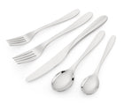 The 20 piece Twist Cutlery set, designed by Kit Kemp for Spode, has a simple asymmetrical design, with sculptural decorative twist detail, are forged in 18/10 stainless steel, and are designed to compliment any table regardless of style, set includes 4 of each: knife, fork and spoon, dessert fork and tea spoon (one of each is pictured, in a fan layout).