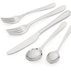 This 20 piece Cutlery set, designed by Kit Kemp for Spode, is inspired by a classic English Cutlery with it's embossed scoop handle, are forged in 18/10 stainless steel, and are designed to compliment any table regardless of style. set includes 4 of each: knife, fork and spoon, dessert fork and tea spoon (one of each is pictured, in a fan layout).