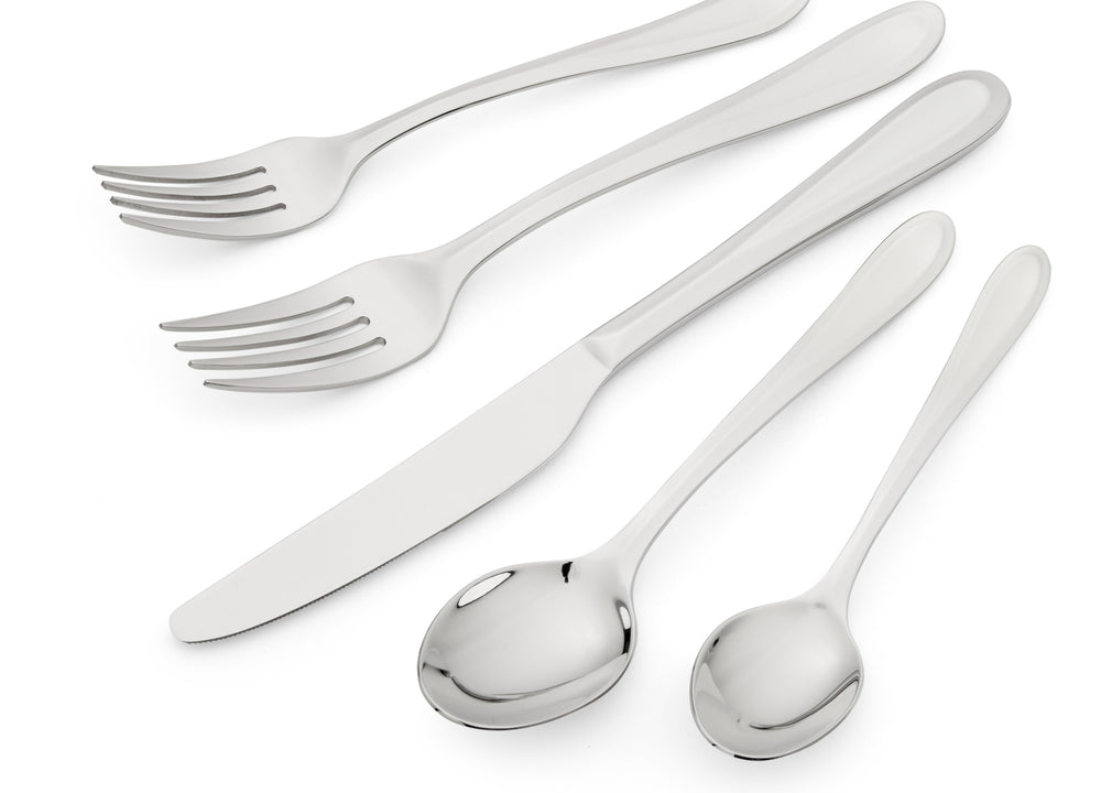 This 20 piece Cutlery set, designed by Kit Kemp for Spode, is inspired by a classic English Cutlery with it's embossed scoop handle, are forged in 18/10 stainless steel, and are designed to compliment any table regardless of style. set includes 4 of each: knife, fork and spoon, dessert fork and tea spoon (one of each is pictured, in a fan layout).