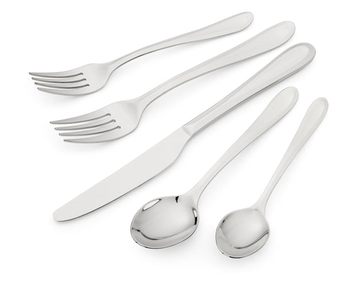 This 20 piece Cutlery set, designed by Kit Kemp for Spode, is inspired by a classic English Cutlery with it's embossed scoop handle, are forged in 18/10 stainless steel, and are designed to compliment any table regardless of style. set includes 4 of each: knife, fork and spoon, dessert fork and tea spoon (one of each is pictured, in a fan layout).