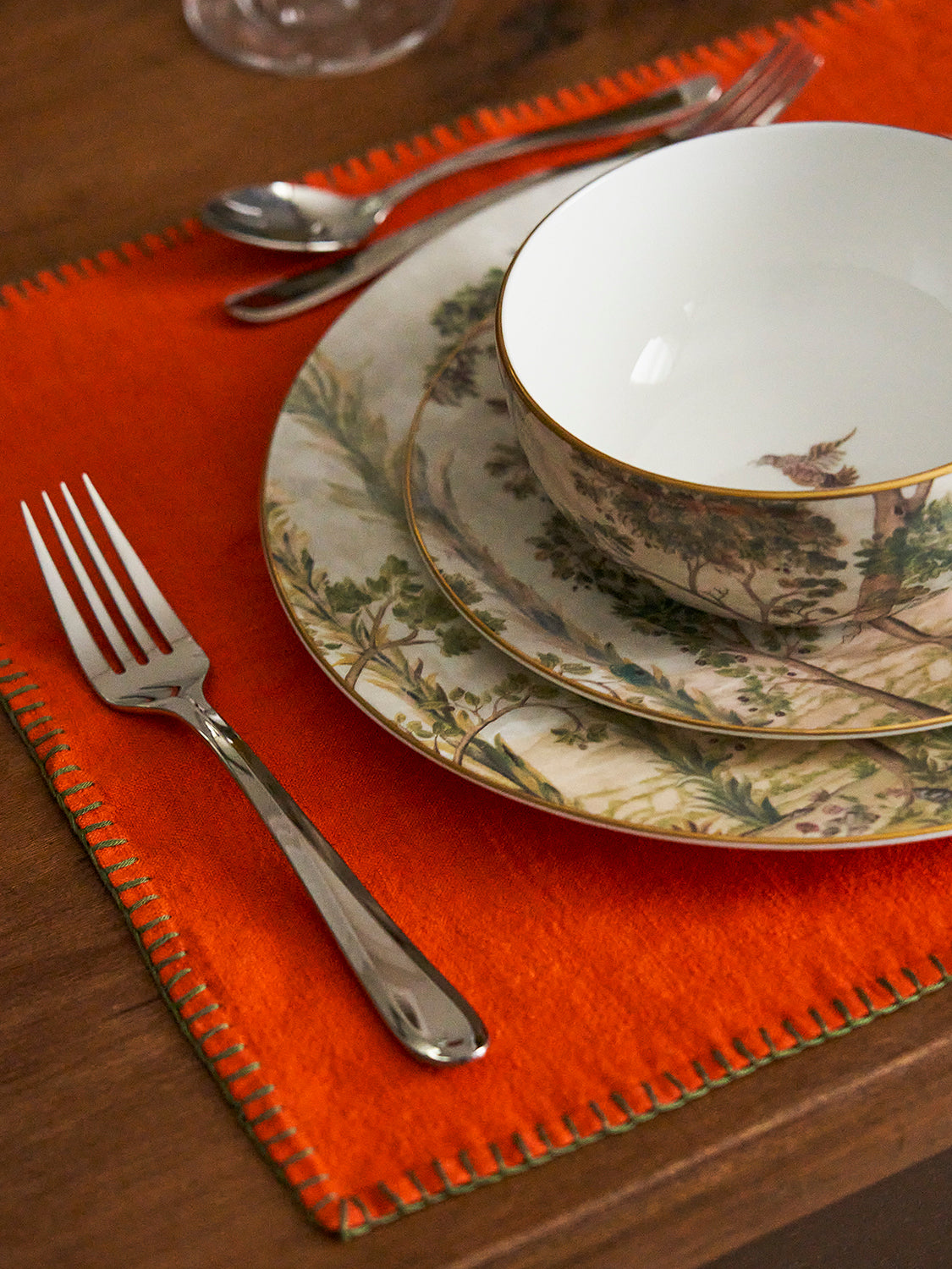 Set of 6 Blanket Stitch Placemats Orange/Olive