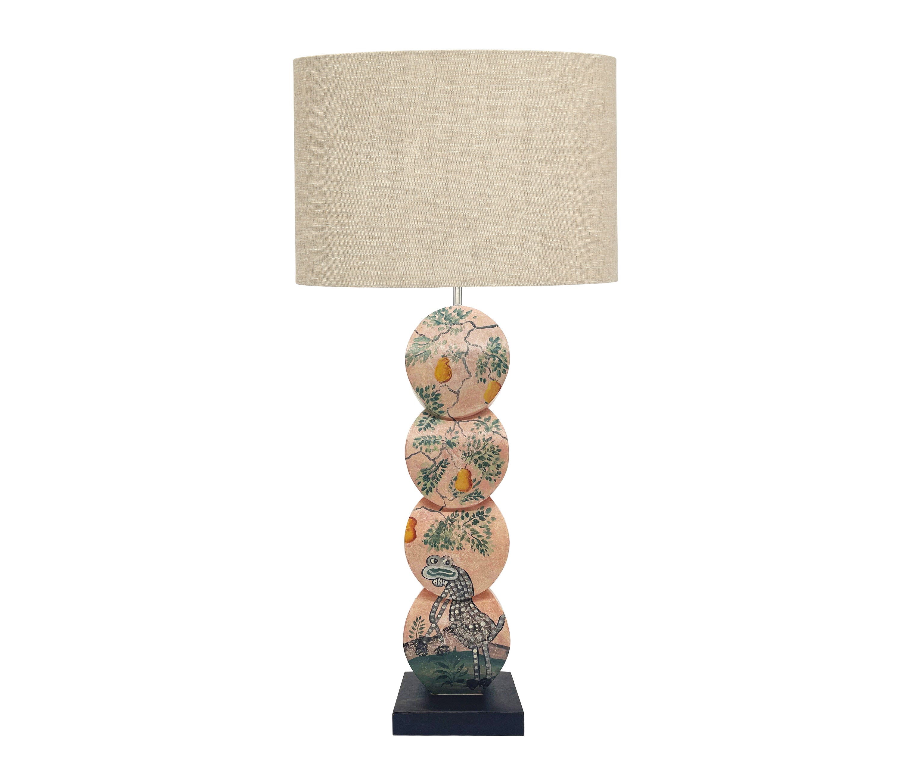 A hand painted 4 disk table lamp by Melissa White in Kit Kemp Mythical Creatures design. 