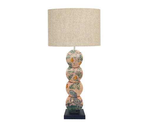 A hand painted 4 disk table lamp by Melissa White in Kit Kemp Mythical Creatures design. 
