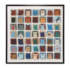 Detailed picture of Holly Frean's 49 Cats painting which consists of 49, 10x10 cm float mounted individual portraits of characterful cats ranging in colour from creams to browns, pinks, blues and onto browns, set against backgrounds that range from complimenting shades of blue, and terracotta, to pale grey .Shown here unframed, although this artwork is in a wooden frame, and measures 105cm x 105 cm - shown in frame