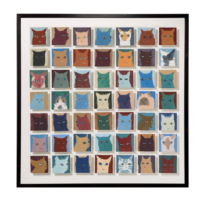 Detailed picture of Holly Frean's 49 Cats painting which consists of 49, 10x10 cm float mounted individual portraits of characterful cats ranging in colour from creams to browns, pinks, blues and onto browns, set against backgrounds that range from complimenting shades of blue, and terracotta, to pale grey .Shown here unframed, although this artwork is in a wooden frame, and measures 105cm x 105 cm - shown in frame