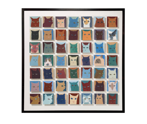 Detailed picture of Holly Frean's 49 Cats painting which consists of 49, 10x10 cm float mounted individual portraits of characterful cats ranging in colour from creams to browns, pinks, blues and onto browns, set against backgrounds that range from complimenting shades of blue, and terracotta, to pale grey .Shown here unframed, although this artwork is in a wooden frame, and measures 105cm x 105 cm - shown in frame