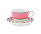 A cheerful burst of pink Cup and Saucer from the Kit Kemp for Spode Calypso collection. It features a wide pink stripe around the body of the porcelain cup, accented with a turquoise and yellow band above and below. A matching pink handle and a striped saucer finish off this set.